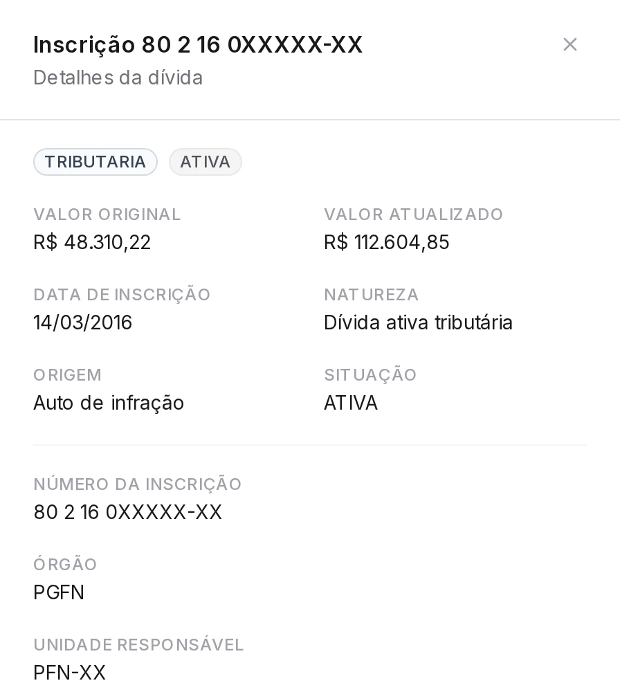Detalhe de uma inscrição no ART: valor original de R$ 48.310,22, valor atualizado de R$ 112.604,85, inscrita em 14/03/2016